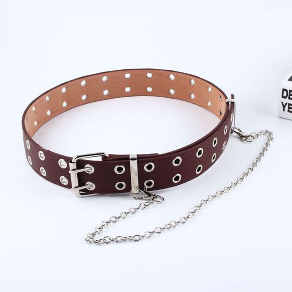 Harajuku belt Women Punk Chain Belt Adjustable Black Double/Single Eyelet Grommet Metal Leather Waistband For Jeans: 4