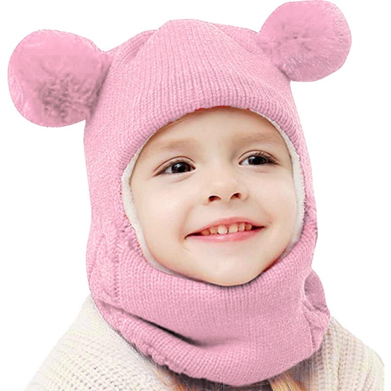 Autumn Winter Children Hats Pom Pom Ball Hat Kids Beanies Cap Girls Boys Warm Wool Hooded Hat Baby Scarves Toddler Caps: pink