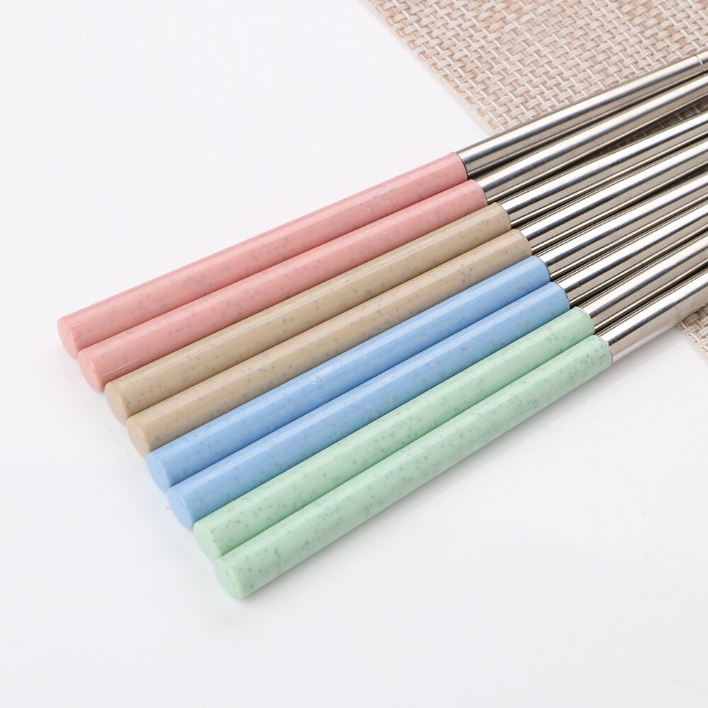 HOOMIN 1 Pair Food Sticks Chinese Chopsticks Wheat Straw 304 Stainless Steel Portable Travel Chopsticks with Storage Box