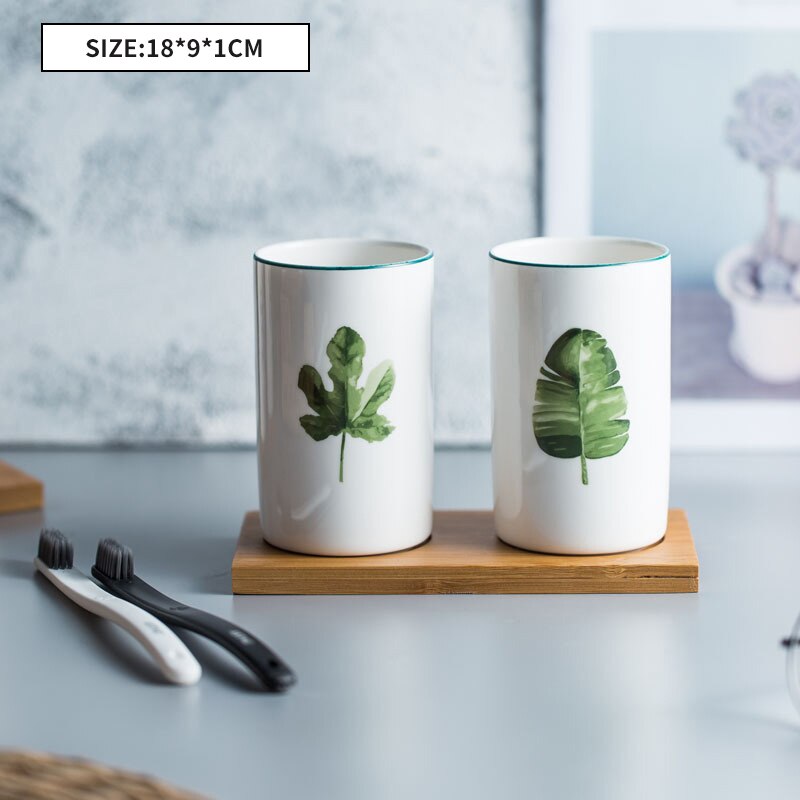 Multifunctionele Keramische Tandenborstelhouder Mond Cup Met Houten Lade Pen Case Badkamer Opslag Decoratie Accessoires Water Cup: 2-Two cups with tray