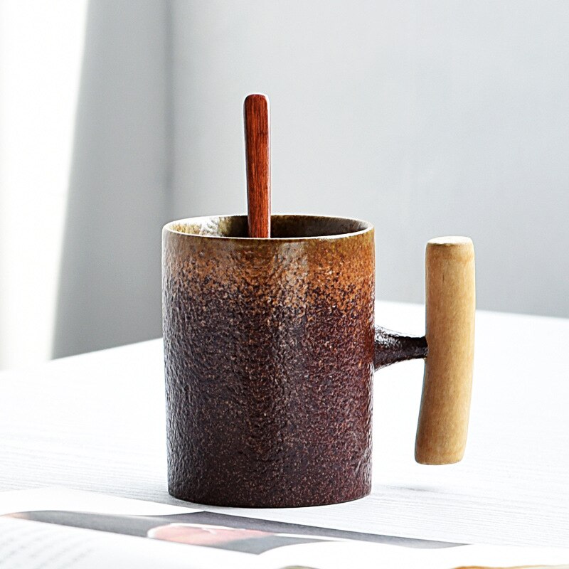 Japanischen stil Jahrgang Keramik Kaffee Becher Tee Tasse Becher Rost Glasur Büro Tee Milch Bahre Becher mit löffel Holz Griff wasser Tasse: Stil3 B