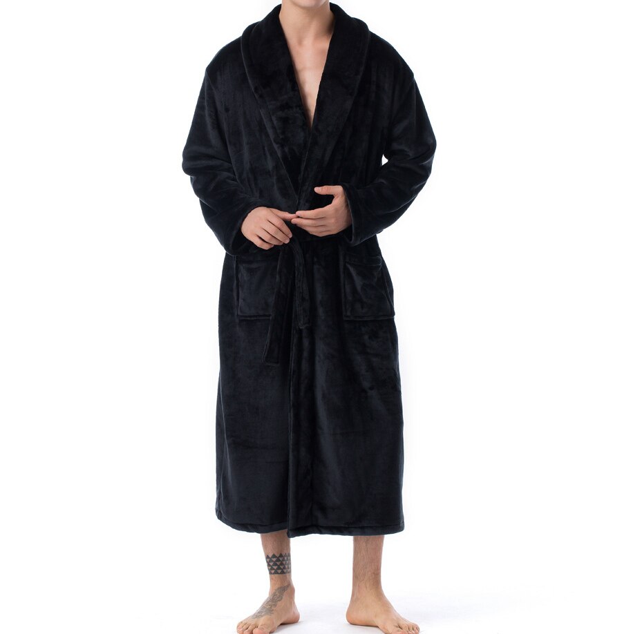 Afslappet mandlig morgenkåbe herre badekåber langærmet revers krave herre flannel morgenkåbe med bælte plys kimono varm mandlig badekåbe frakke: Sort / L