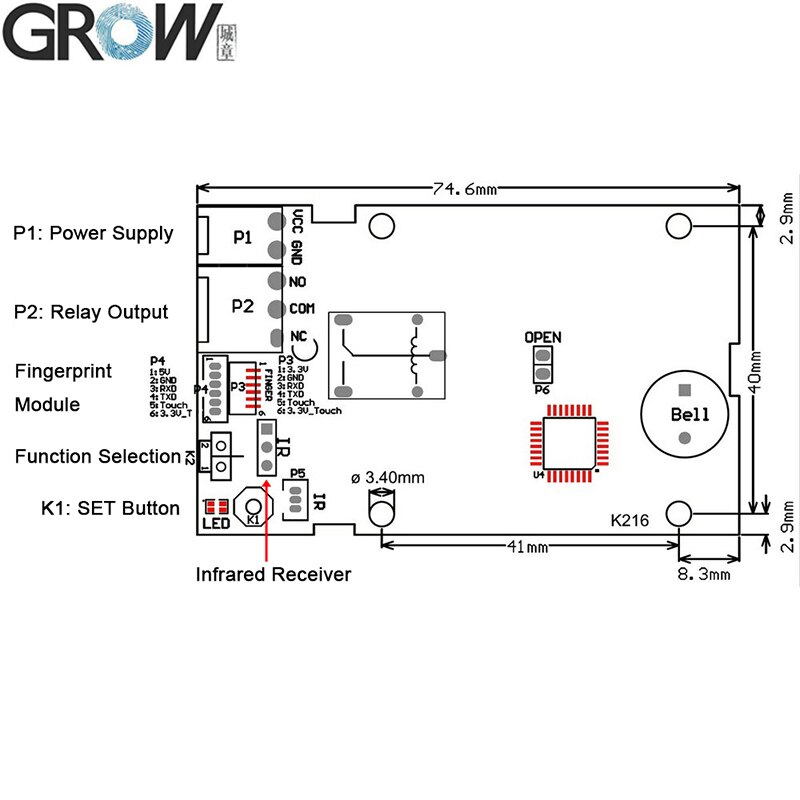 Groeien K216 + R502 DC10-30V Relaisuitgang Vingerafdrukherkenning Toegangscontrole Systeem + R502 Capacitieve Vingerafdruksensor