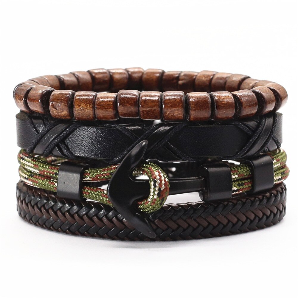 Pulseras de cuero Vintage en negro y marrón para hombre y mujer, ganchos de aleación de bronce para plumas, Charm Wood de búho, cuentas, joyería