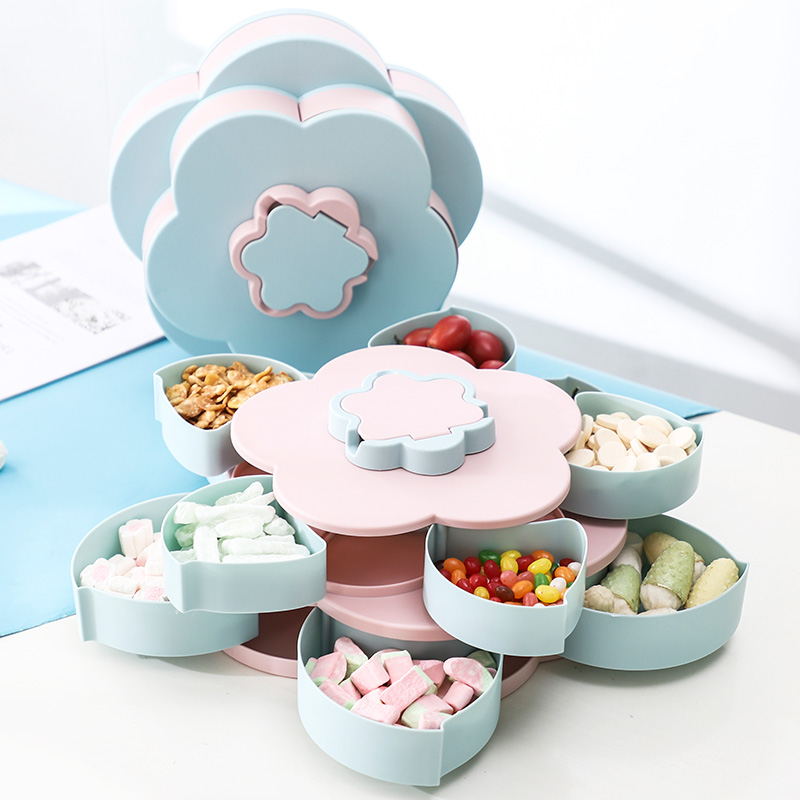 Hartelijke Shining Woonkamer Decoratieve Bonbondoos Bloem Dubbele Laag Plastic Spin Thuis Moer Opbergdoos: Double-blue