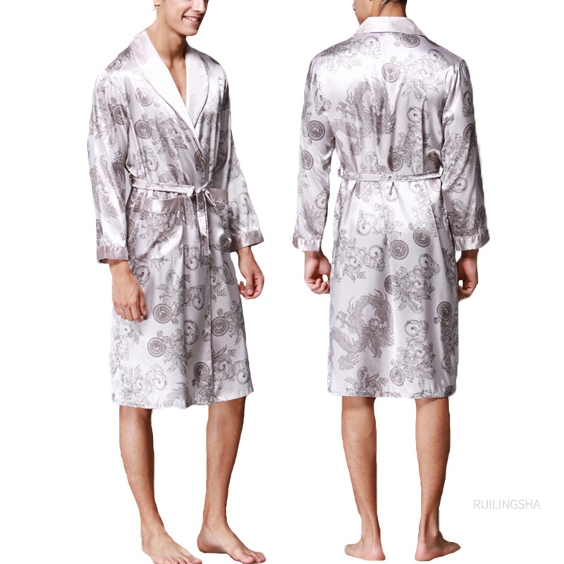 Stilfuld #39 badekåbe silke kimono lange ærmer morgenkåbe kinesisk lucky dragon print pyjamas mænd kjole badekåbe mænd hjemmetøj maskulin