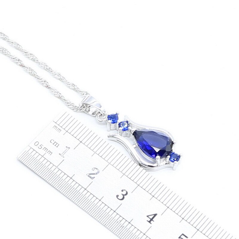 Niebieski szafir spadek kolczyki naszyjnik srebrny 925 komplet biżuterii damskiej bezpłatny prezent biżuteria ślubna