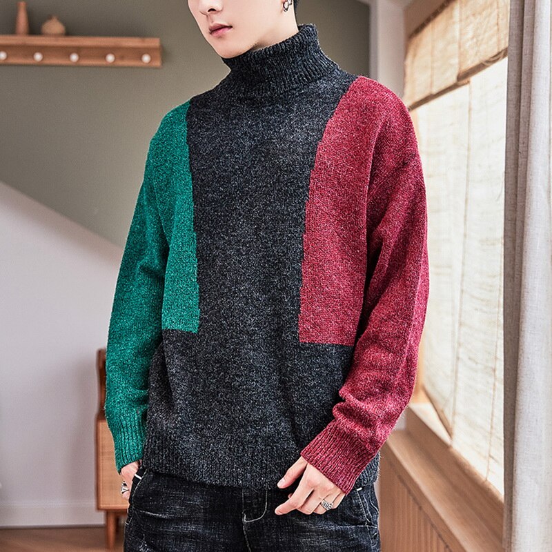 Rullekrave trøjer til mænd syninger farve simpel all-match løs harajuku chic koreansk herre tøj strikke pullover