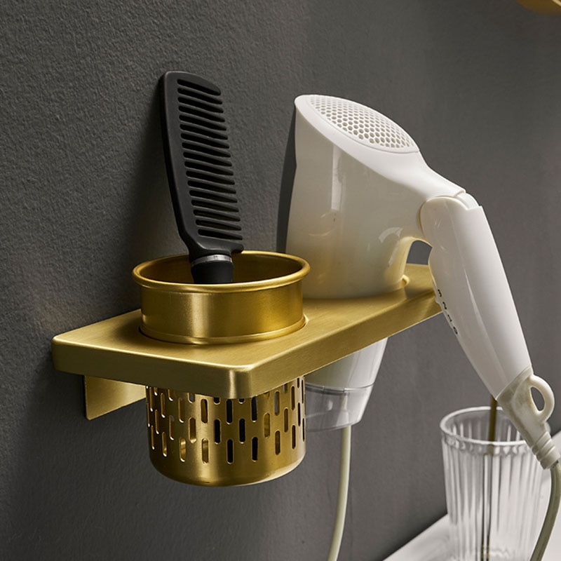 Brushed Gold Aluminum Bathroom Hair Dryer Rack Wall Mounted Bathroom Shelf Storage Bathroom Accessories