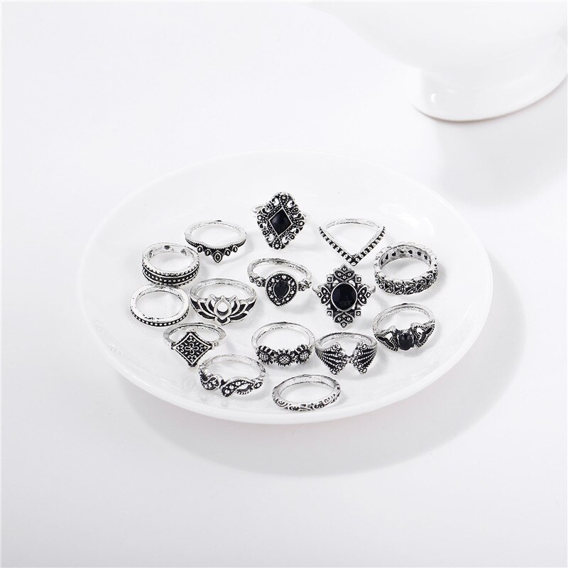 15Pc/Set Vintage Black Stone Ring Sets Antique Stone Midi Finger Rings for Women Punk Style Knuckle Rings Wedding