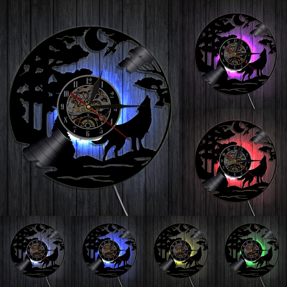 Wolf led silhouette baggrundsbelysning dyr vinyl ur farveskift atmosfære cool stue interiør indretning væg kunst: Med led