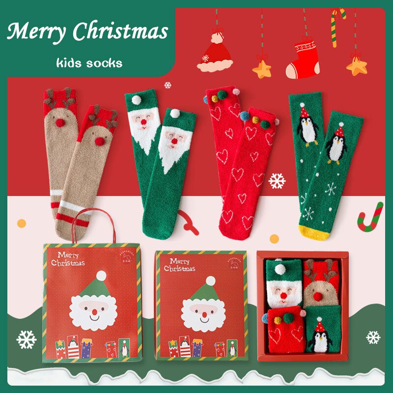 4 paia confezione regalo calzini natalizi per bambini autunno/inverno velluto corallo mantieni caldi calzini per bambini calzini genitore-figlio carini di alta qualità