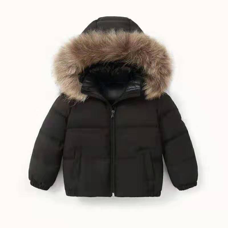 Pojkar vinterjacka vinter barnkläder dunjacka pälskrage pojkar och flickor tjock kappa kort: Svart / 7t