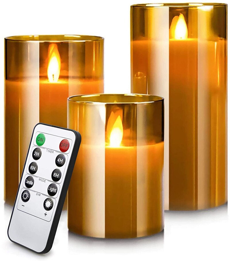 Set of 3 Remote control Battery operate Pillar Candles Paraffin Wax LED Glass Candle Dancing Swinging wick Home Bar Decoration: Tan