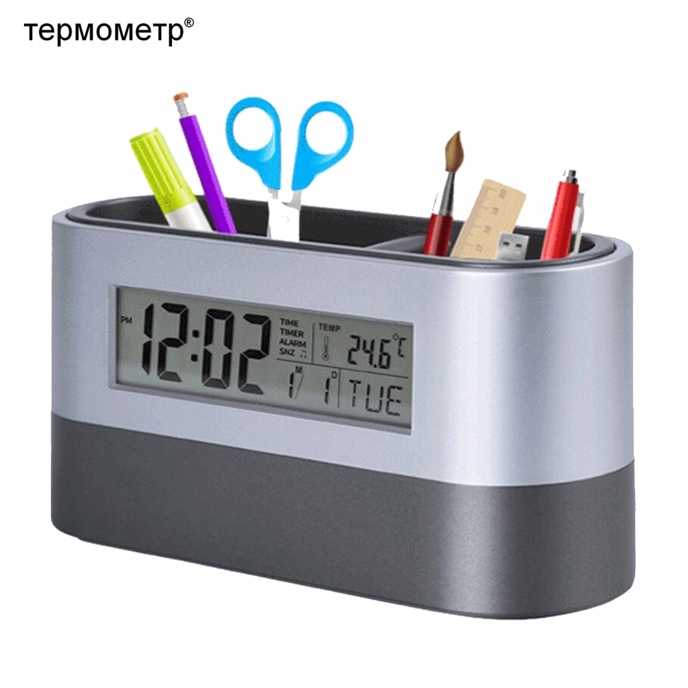 Office Desktop Storage Pen Holder Tools Name Card Container with Digital Alarm Clock Timer Calendar Temperature Thermometer