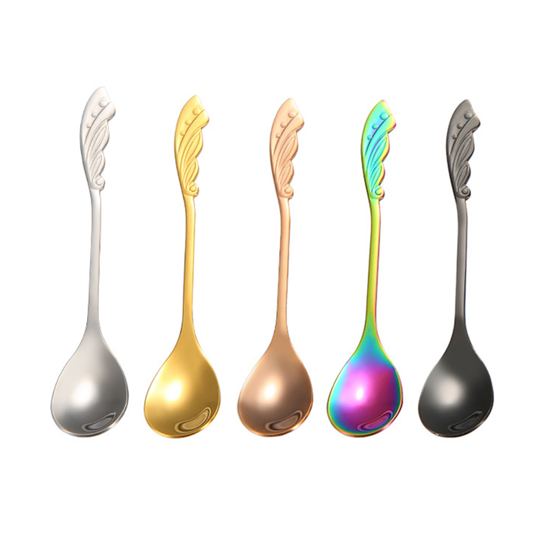 4 Pcs/Lot Mini Spoon Set 12 Cm Tiny Coffee Spoons 304 Stainless Steel Rose Wing-shaped Serving Dessert Spoon Set: 5 Color Mixing