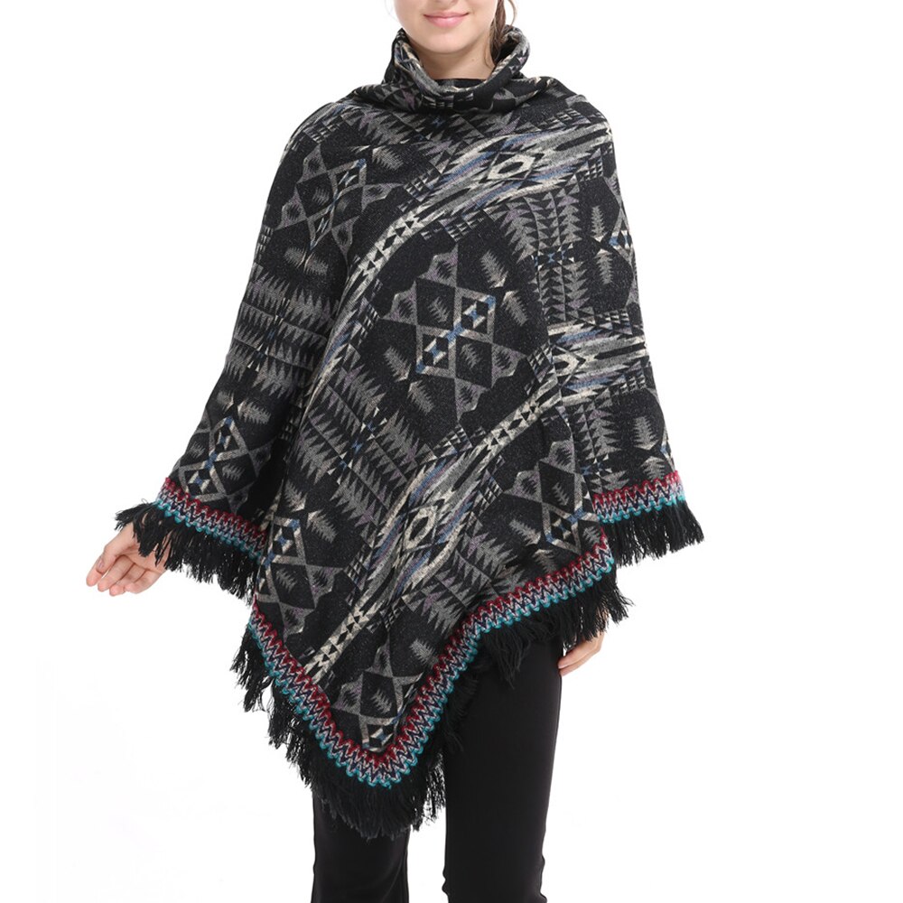 Moderigtig lang sektion høj krave jakke med frynsede sjal løs frakke print tyk sweater efterår: Default Title