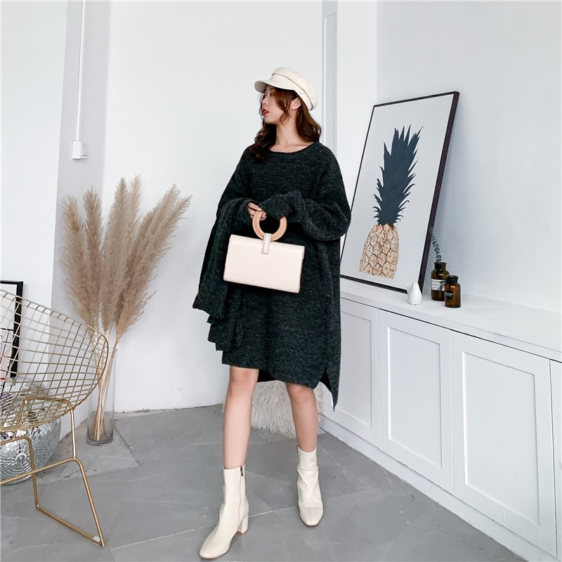 [EAM] Vestido largo de punto Irregular con bufanda cuello redondo manga larga suelta Fit Otoño Invierno 1DA701