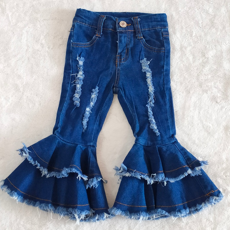 Gros bébé filles automne hiver Denim bleu cloche bas enfants Boutique enfants enfant en bas âge pantalon évasé Double gland dentelle jean