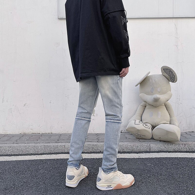 Pantalones vaqueros desgastados para hombre, Jeans rectos desgastados Retro rasgados