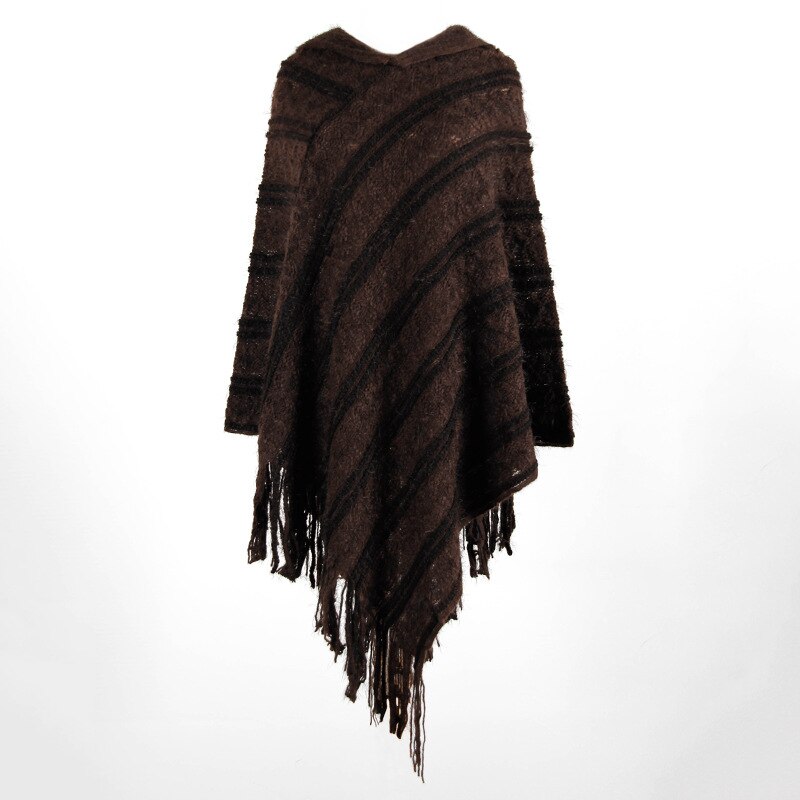 Otoño , manto con capucha para mujer, manto con flecos a rayas, suéter para mujer, Ponchos y capas casuales, ropa de invierno, prendas de vestir para mujer: Coffee