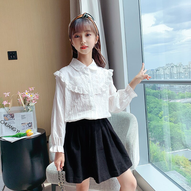 Blusa de algodón plisada con volantes para niña, camisa de color blanco y rosa para otoño, talla 4, 6, 8, 10, 12 y 14: Rosa / 12