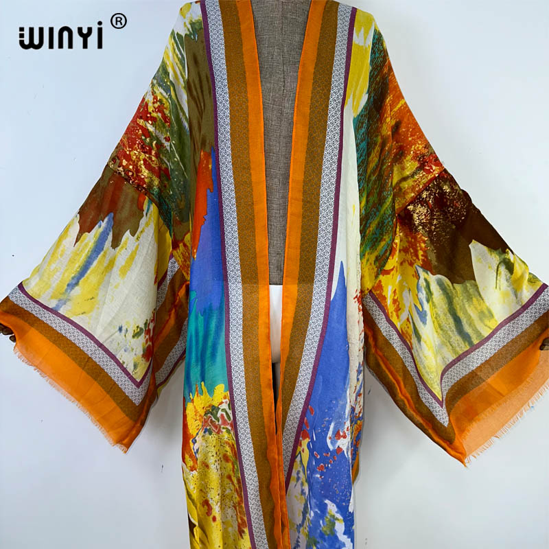 Winyi 2023 sommer-cardigan mit goldenem print aus baumwolle, locker geschnitten, langes kleid, boho-maxikleid, strandkleid, überwurf für badebekleidung