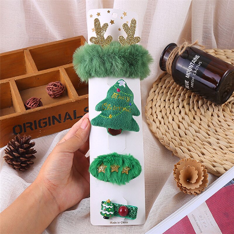 Bonito 4 peça conjunto bebê menina natal hairpin dos desenhos animados fecho decorativo elegante elk santa árvore de pelúcia crianças presente acessório do cabelo: 3
