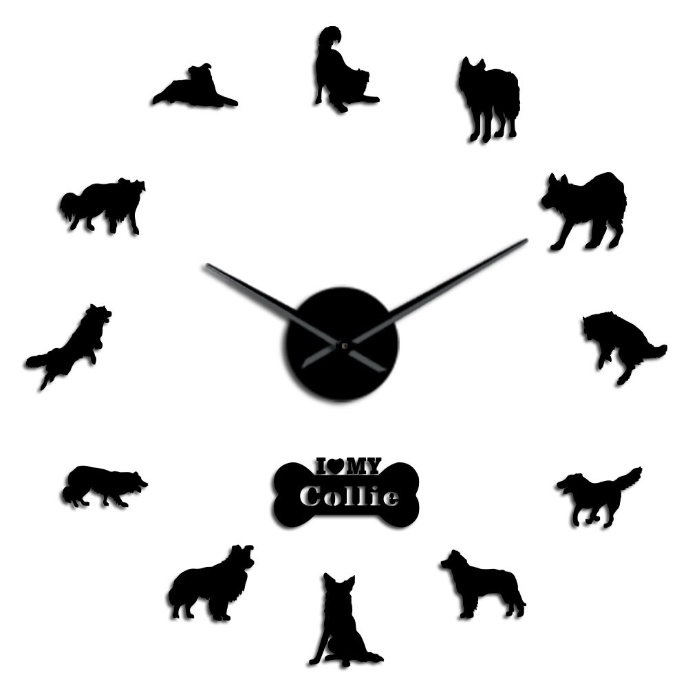 Grenze Schottischen Schäferhund Hund Schäfer Collie Selbst Klebe DIY 3D Wanduhr Kunst Schottischen Wohnheim Zimmer Dekor Mann Chef: Schwarz / 27 Zoll