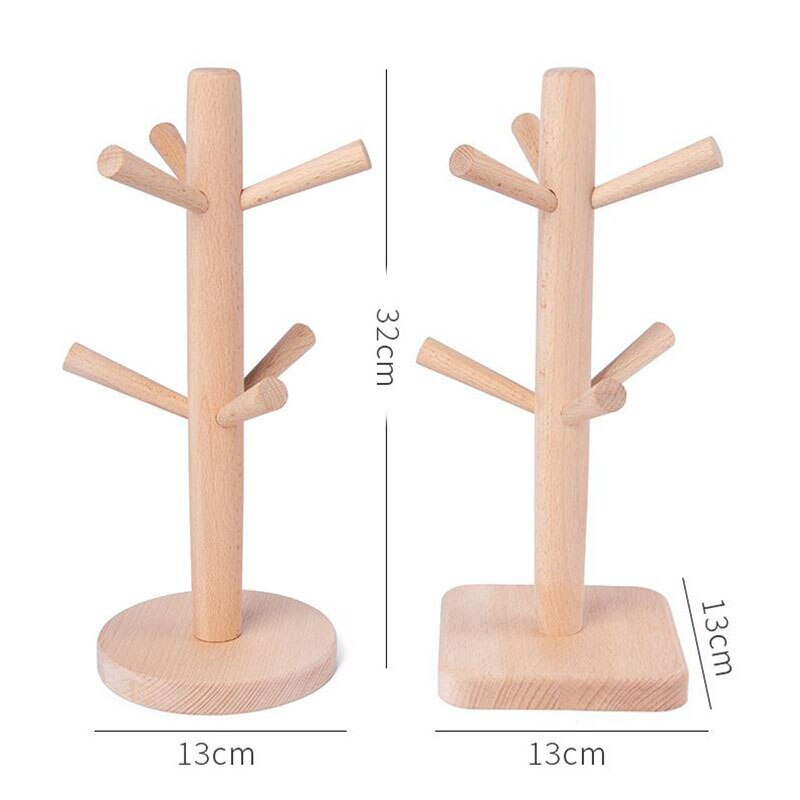 Wooden Mug Tree Coffee Tea Cup Organizer Hanger Holder With 6 Hooks Removable Mug Stand Glass Rack
