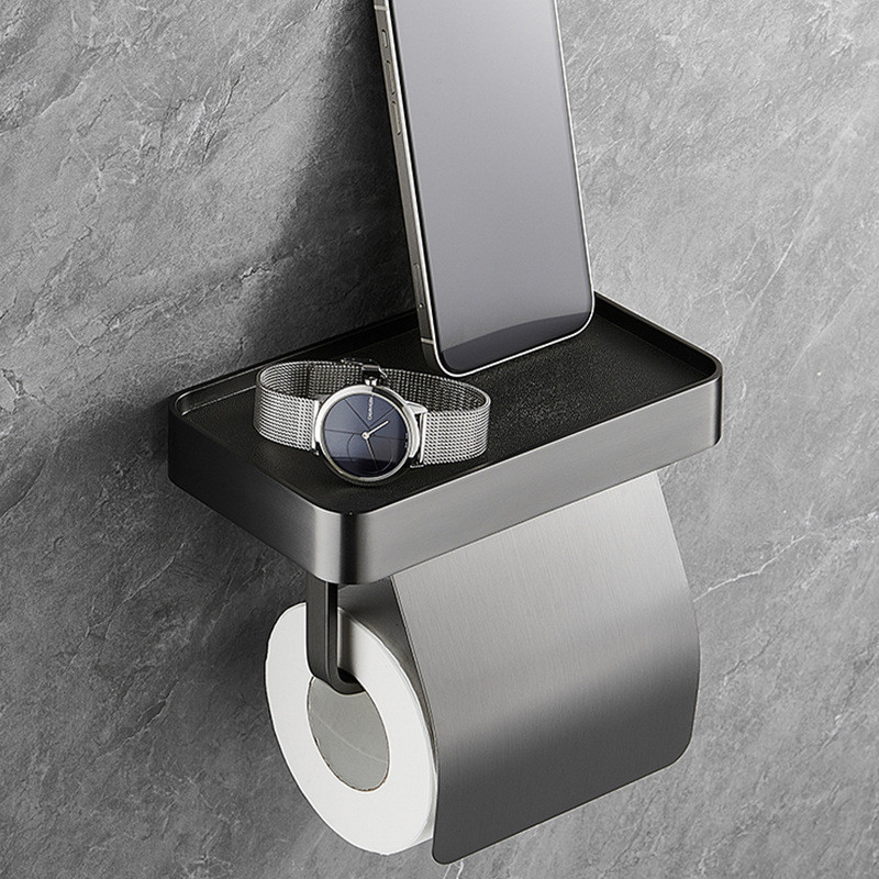 Tuqiu-soporte de papel higiénico gris cromado, portarrollos de papel de acero inoxidable con estante de almacenamiento para teléfono