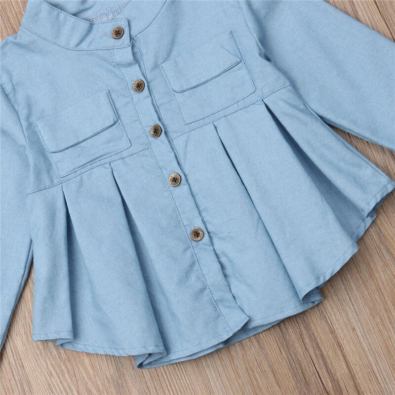 Stylish Girls Blouse Kids Autumn Solid Blue Long Sleeve Ruffles Button Denim Shirt Princess Children Girl Top 3-12T