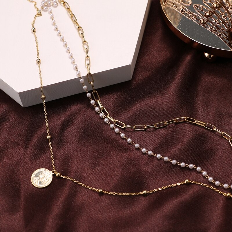 KUSS FRAU Goldene Multi-schicht Perle Perle Kette Halsketten Für Frauen Münze Porträt Anhänger Kragen Choker 2021Trend schmuck