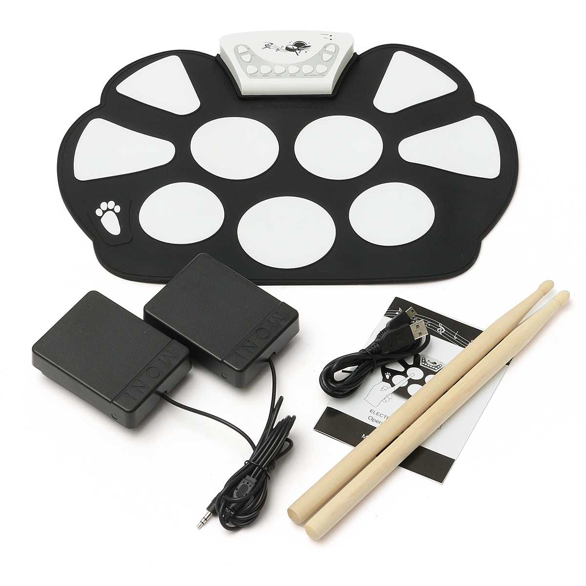 Electronic Drum Kit - 9 Foldable Silicone Pads - USB Roll Up - with Drumsticks & Foot Pedal - Portable Digital Drum Set