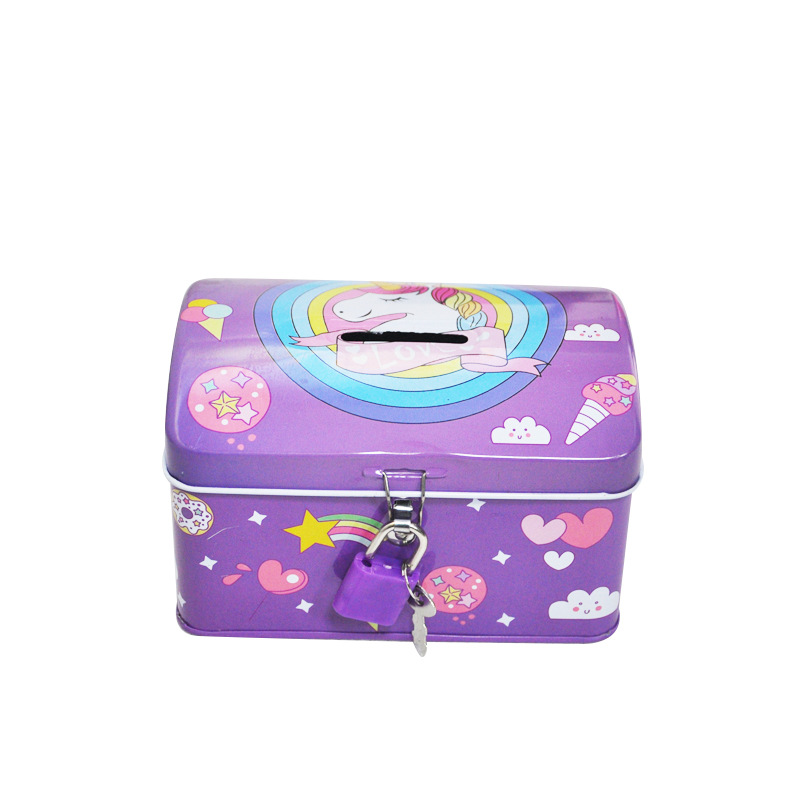 Printed Tin Piggy Bank Cartoon Piggy Bank Cute Piggy Bank with Lock: Purple