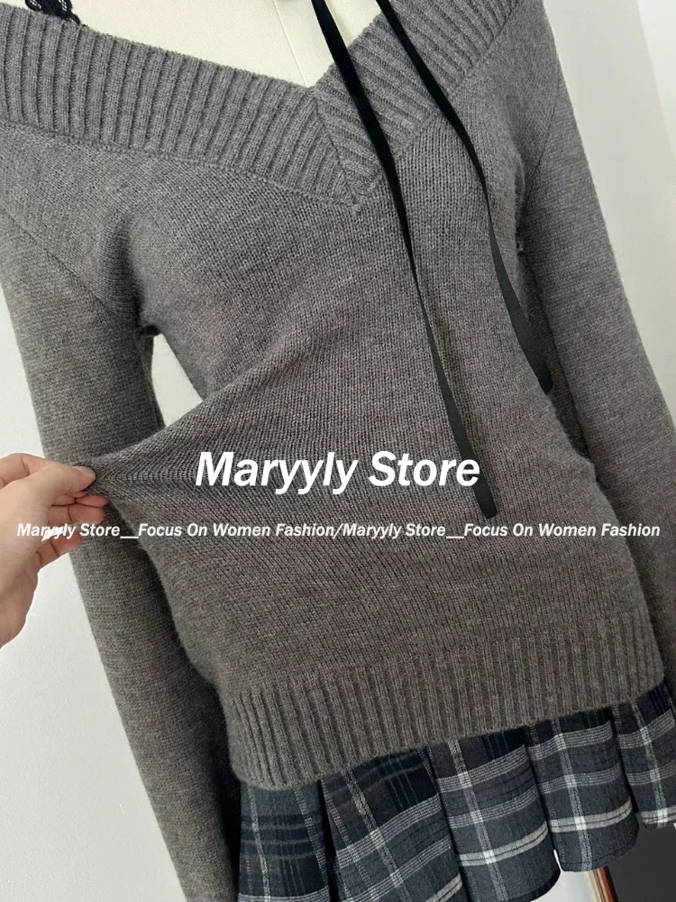 Conjunto de 3 piezas de Falda de punto Vintage para mujer, suéter gris informal, Tops + Chaleco de encaje para niña + minifalda a cuadros, ropa de invierno, otoño