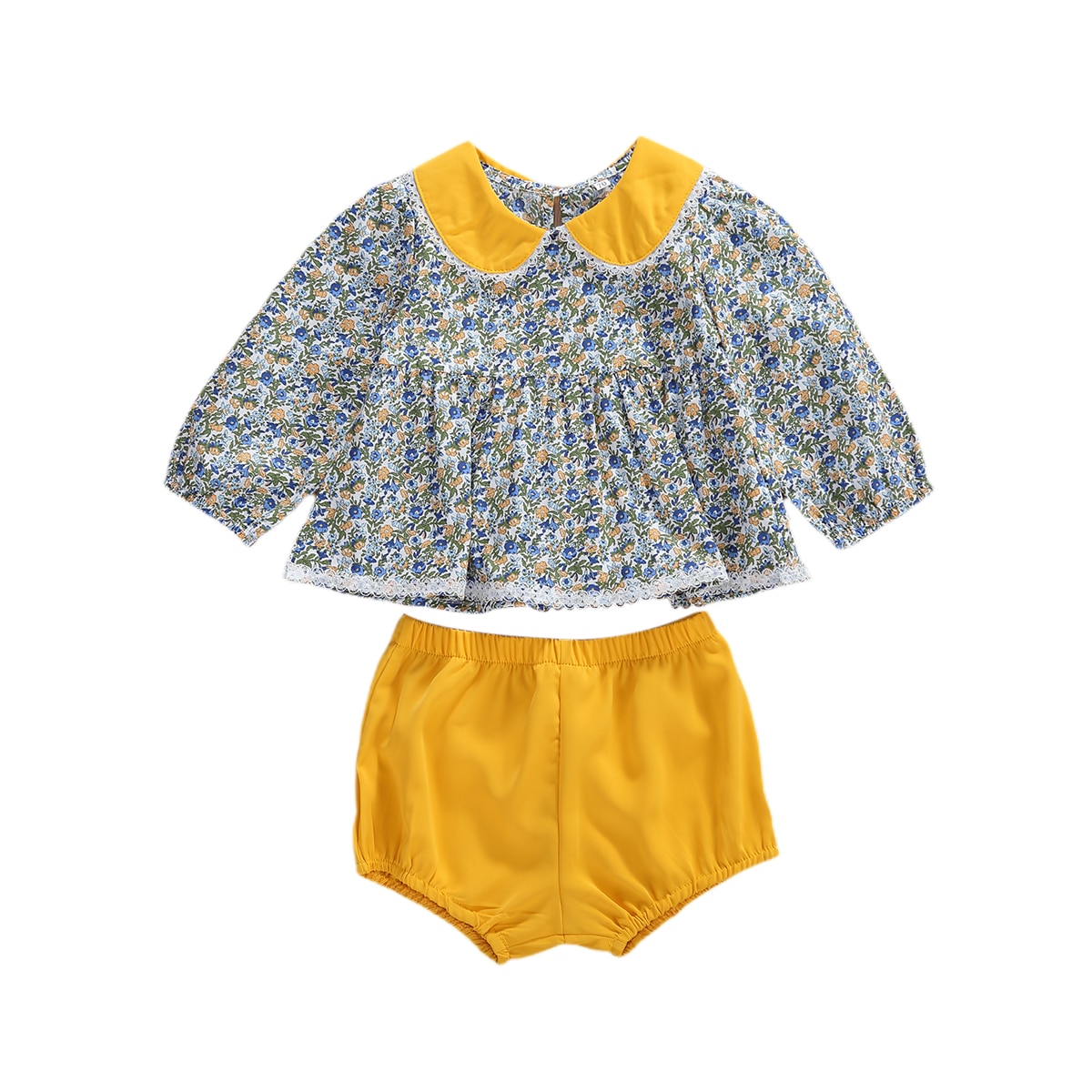 Ropa de verano para bebés y niñas, conjunto de 2 uds. A la con flores de muñeca, Top con cuello y pantalones cortos elásticos con linterna