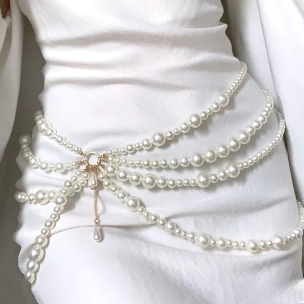 Cadena de cintura Y2K para mujer, accesorios para el cuerpo con borlas de perlas multicapa, cinturón para: Color amarillo dorado claro