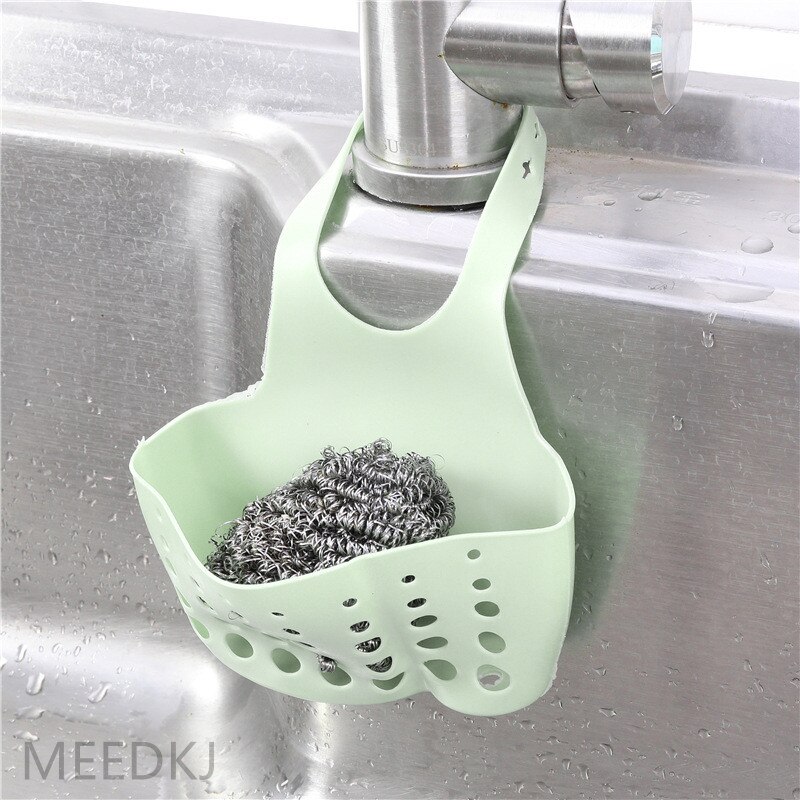 1pcs kitchen rack faucet sponge drain rack hanging adjustable snap button hanging bag sink storage hanging basket: green-2