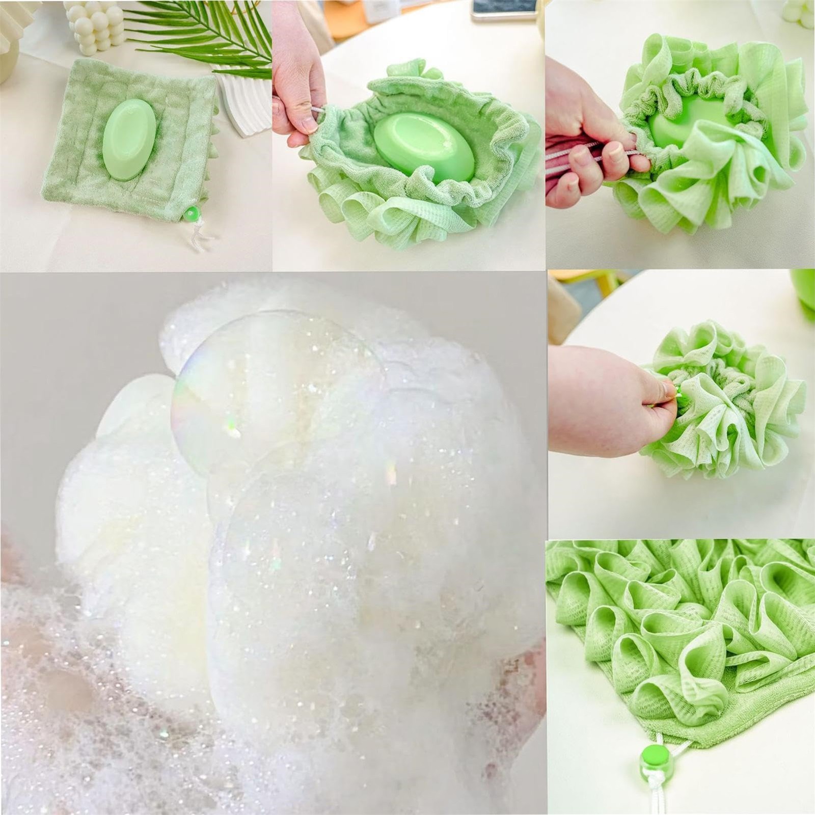 2 in 1 Bath Loofah Sponge with Drawstring Ball Bath Long Lasting Use Deep Cleansing Mesh Shower Sponge Mesh Shower Sponge