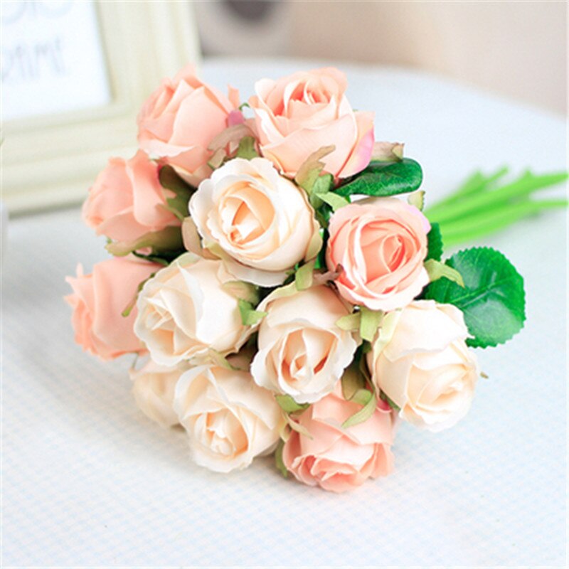 12 hoveder kunstig silke rose blomster buket hvid pink rød til bryllup brude fest hjem hus have festival bar dekoration: H01