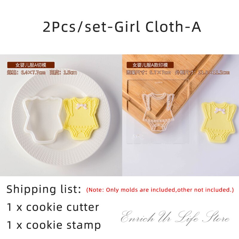 2Pcs Baby Clothes Embossed Cookie Mold Kids Birthday Cake Decorating Tools Fondant Biscuit Cutter Boy Girl Party Dessert Mold: GirlCloth-A