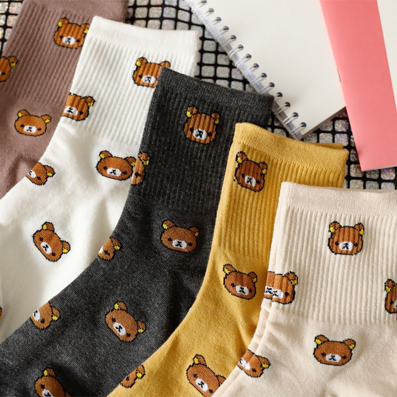 1 Pair of Cute Cartoon Women's Pure Cotton Socks Cute and Fashionable Bear Socks Five Colors of Pure Cotton Female Socks