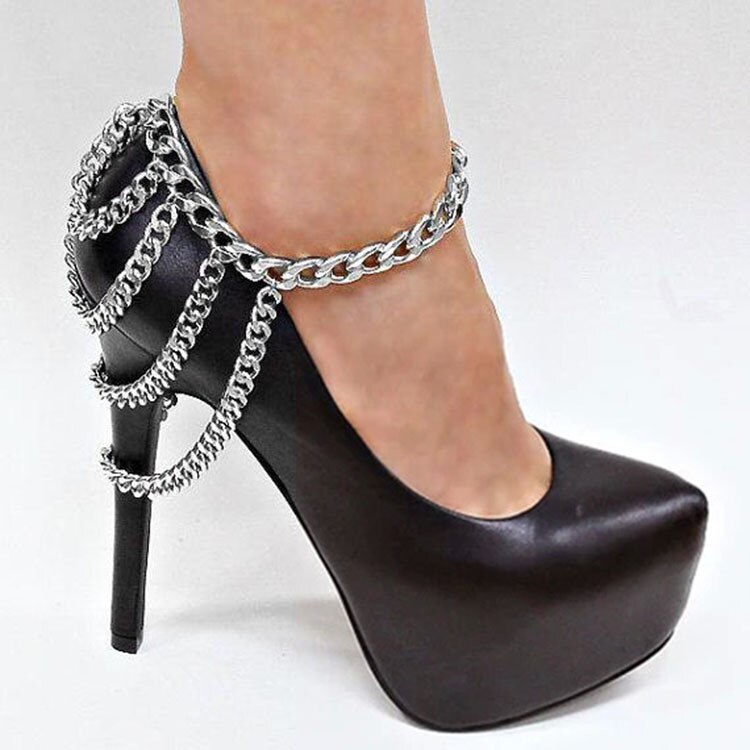 H:HYDE Anklet Metal Shoe Accessories Unique Punk Anklet Row Wave Tassel Chain High Heel Shoe Foot Ankle Bracelet: Silver