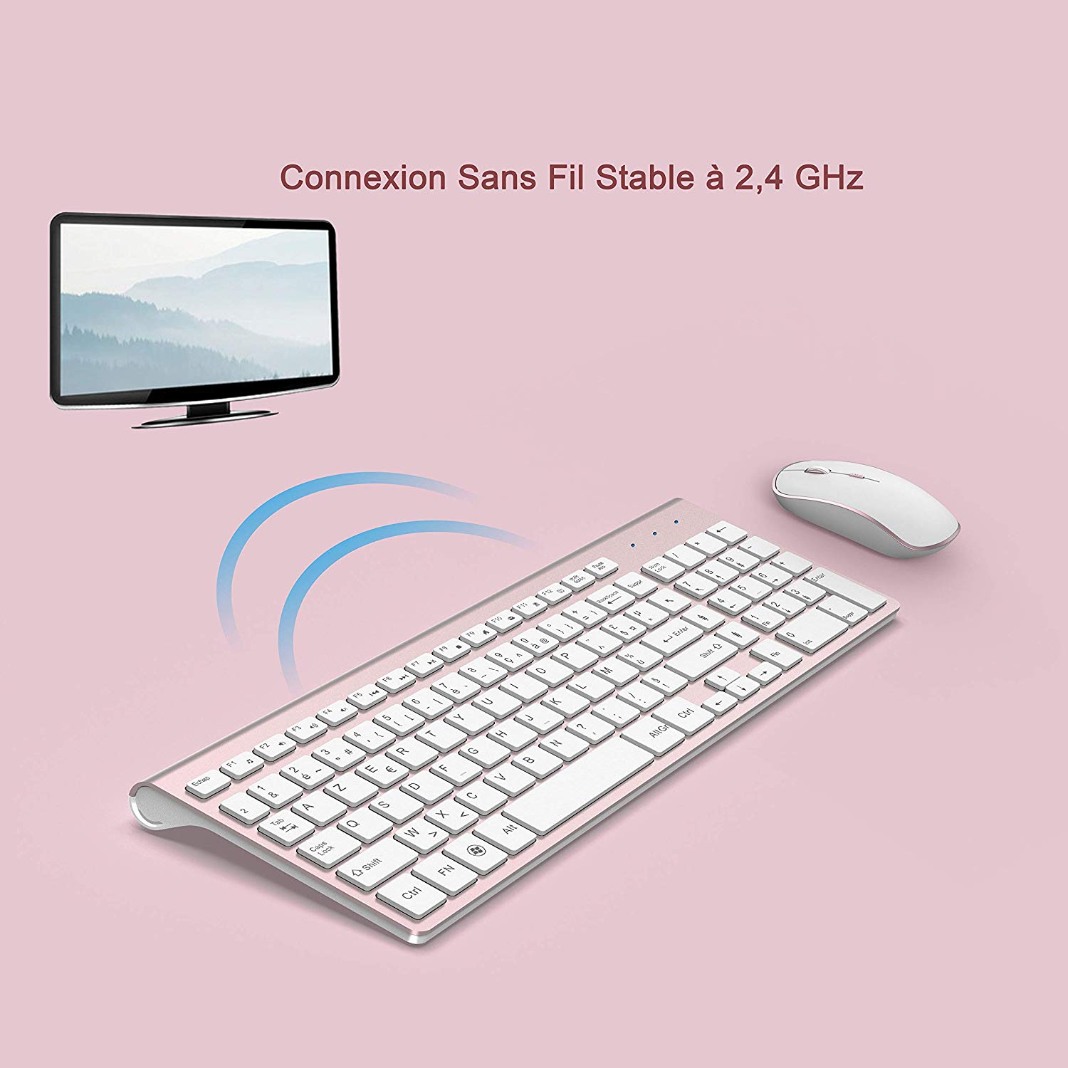 Wireless Keyboard Mouse,French full-size “AZERTY”French layout，Compatible with iMac Mac PC Laptop Tablet Computer .Pink