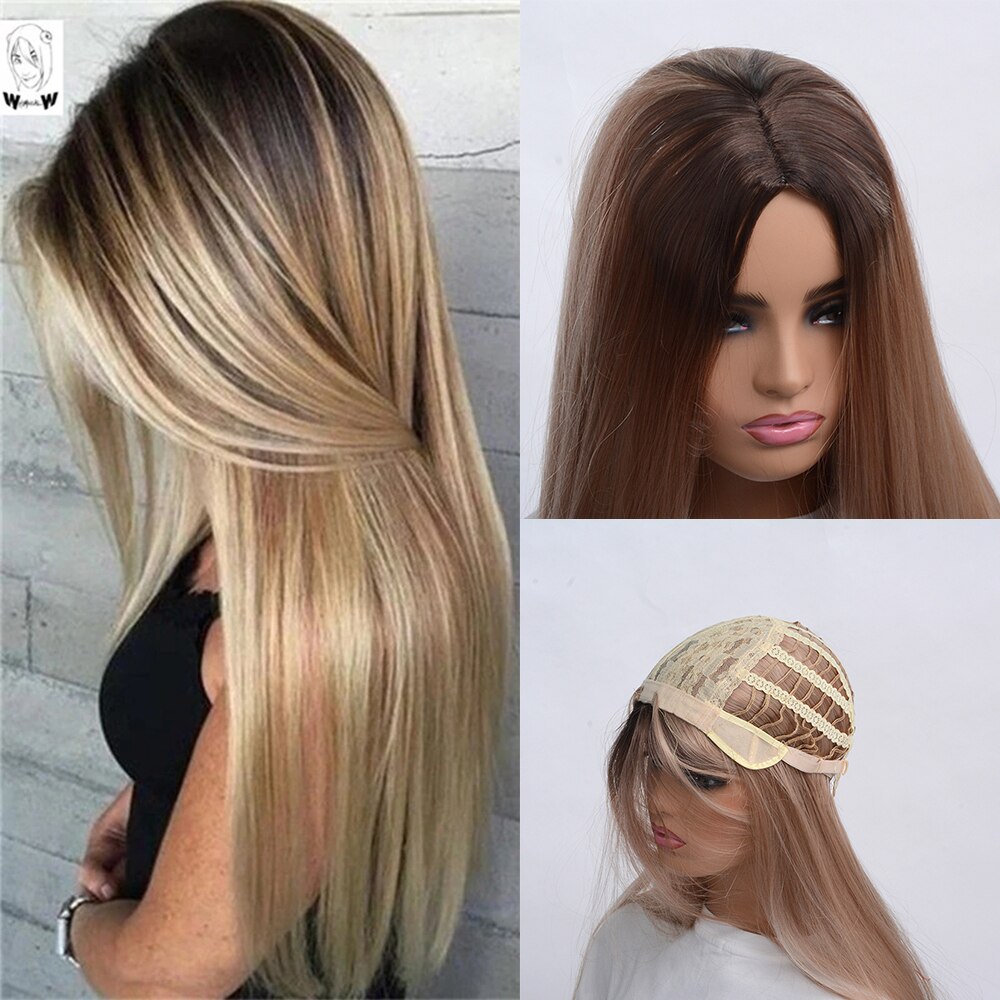 Grillige W Lange Rechte Zwarte Pruiken Voor Vrouwen Zwart Blond Natuurlijke Middelste Deel Hittebestendige Haar Synthetische Pruik: mixed blonde