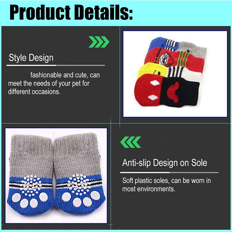 4pcs/Set Anti-Slip Dog Socks Cat Socks with Rubber Reinforcement Pet Paw Protector Cute Puppy Dog Knit Socks Indoor Wear