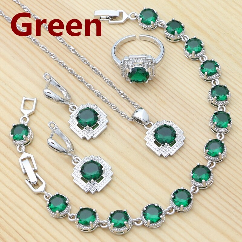 Conjunto de joyería de plata 925 para mujer, anillo redondo rojo granate, pendientes, pulsera, colgante, cadena, joyería cuadrada: Verde