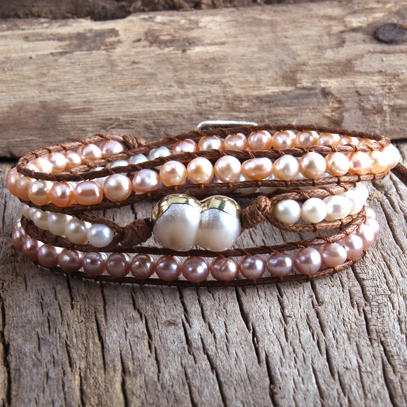 RH Boho Bracelet Pearl Armbander Freshwater Pearl 3 Strands Woven Wrap Bracelets