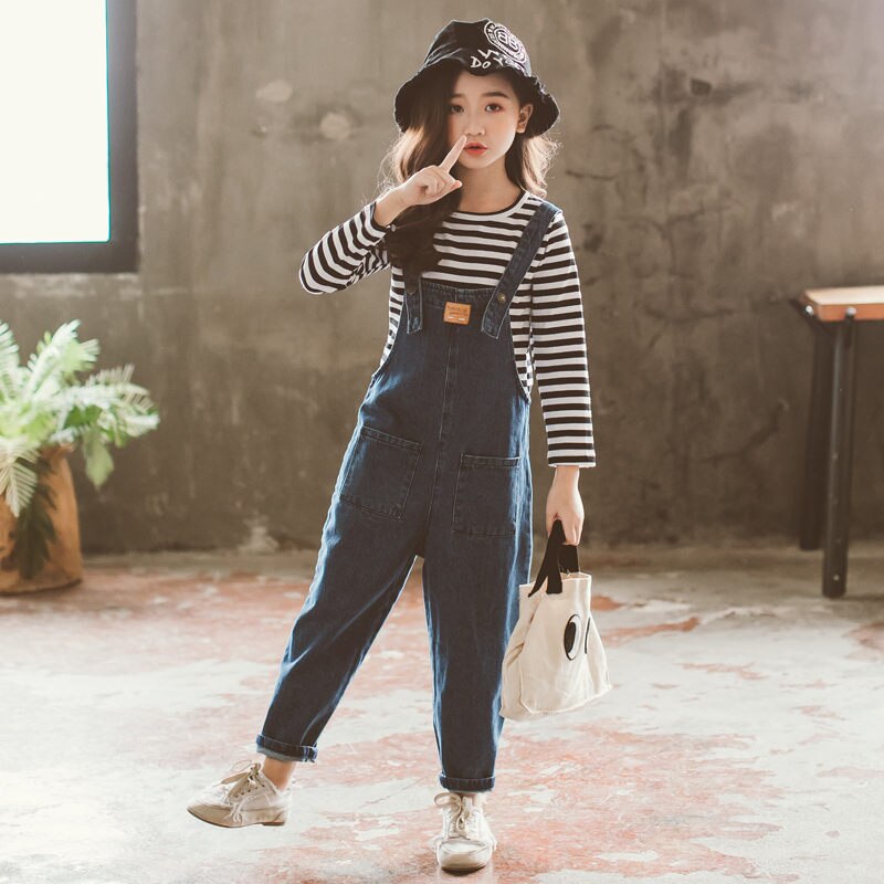 Monos vaqueros de para niñas, peto suelto de algodón para adolescentes, pantalones vaqueros de 5 a 13 años, novedad de primavera y otoño